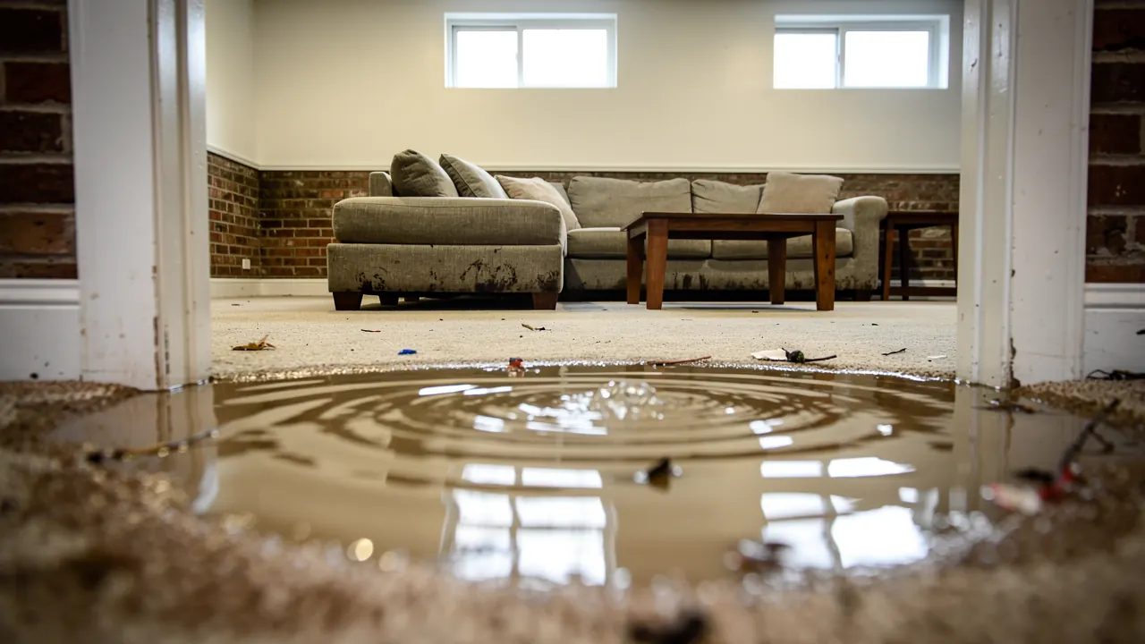 Flooded finished basement in a Chicago bungalow before cleanup
