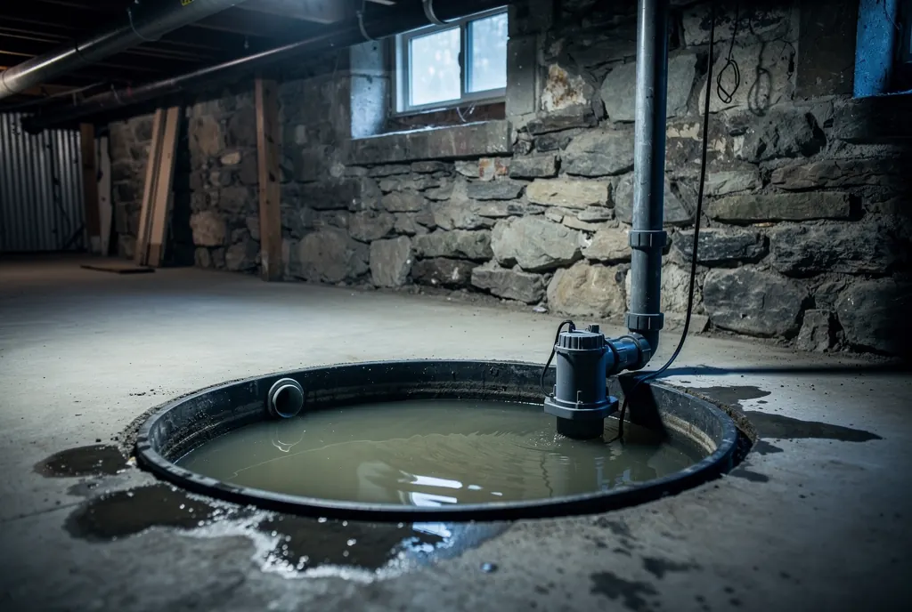 Overwhelmed sump pump in a Chicago basement during heavy rain
