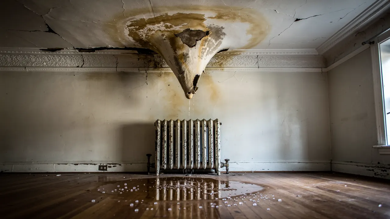 Ceiling water damage from a burst pipe in a vintage Chicago walk-up