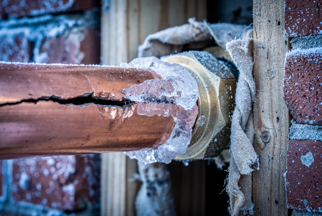 Frozen burst copper pipe inside a Chicago exterior wall