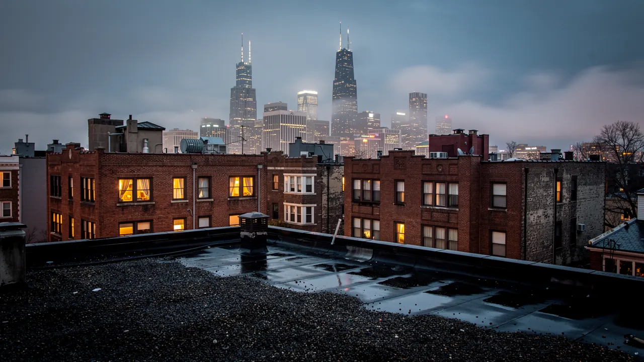Chicago at dusk where 24 hour water damage help is a phone call away