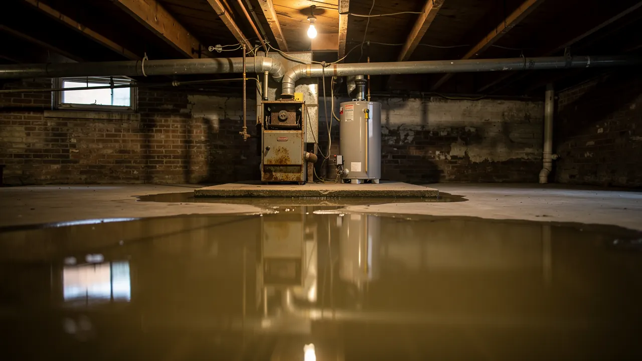 Standing water in a Chicago two-flat basement awaiting emergency water removal