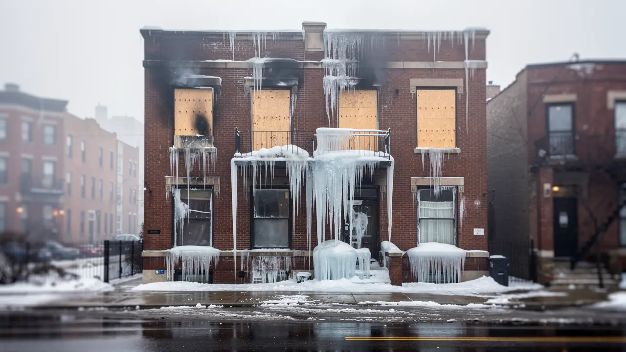 Chicago three-flat after a fire with frozen firefighting water on the brick, awaiting water and fire restoration