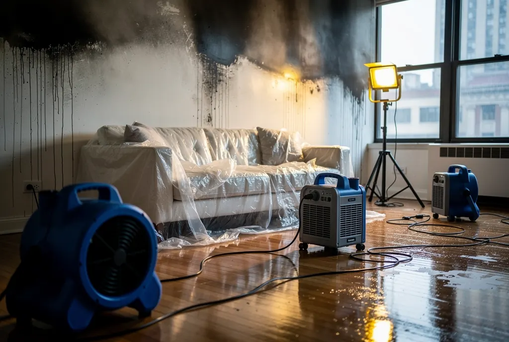Smoke, soot, and firefighting water damage being dried inside a Chicago apartment
