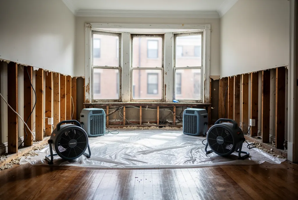 Flood damage repair with flood-cut walls drying inside a Chicago home