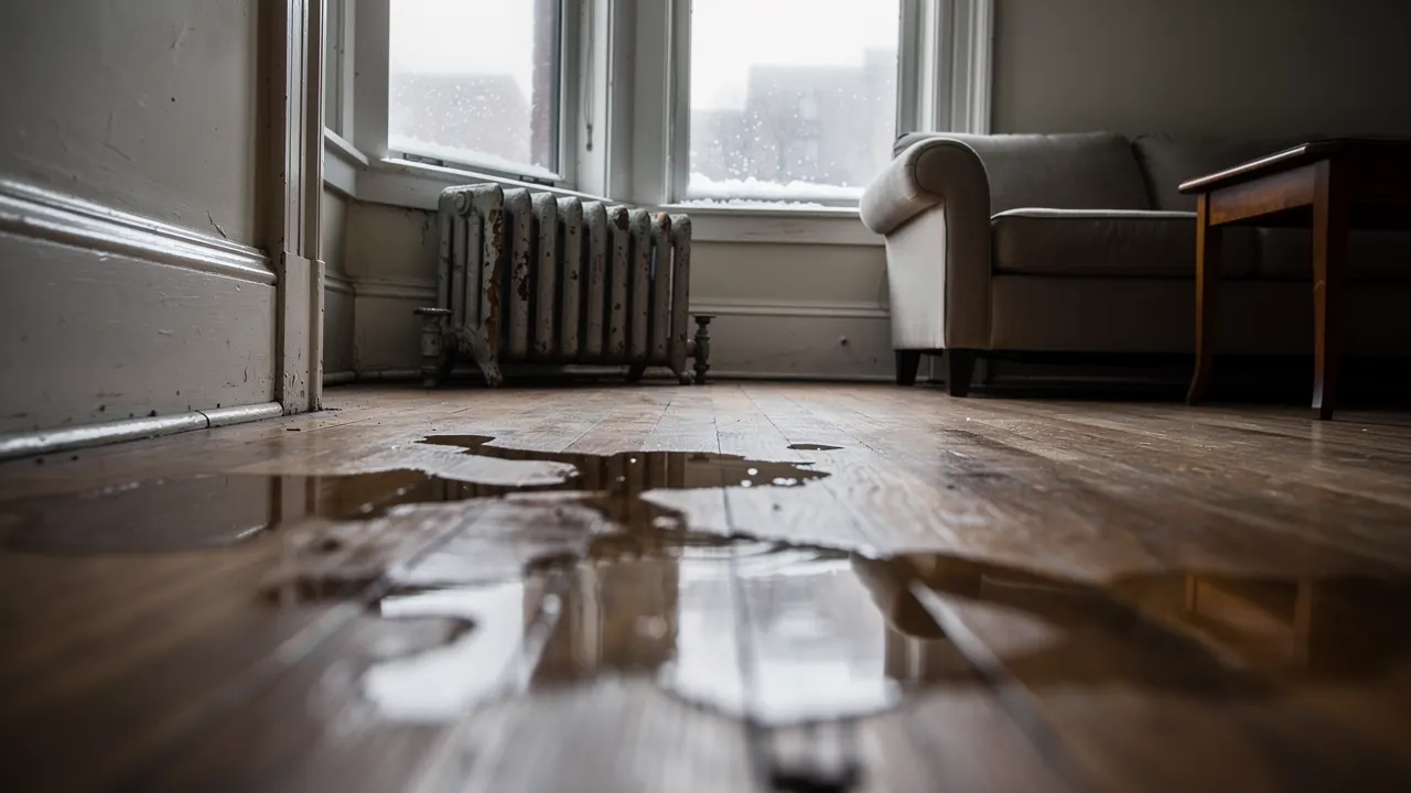 Water damage on hardwood floors inside a Chicago greystone home