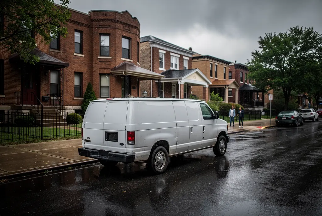 Water damage restoration crew arriving at a Chicago two-flat after a storm
