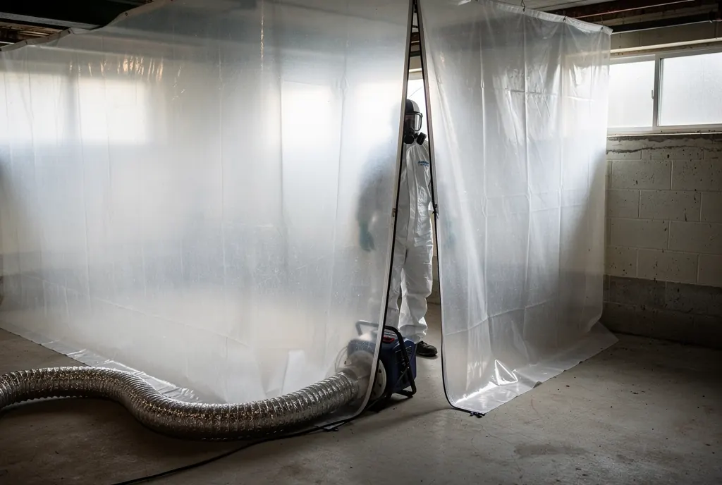 Containment with negative air filtration set up for mold remediation in a Chicago basement