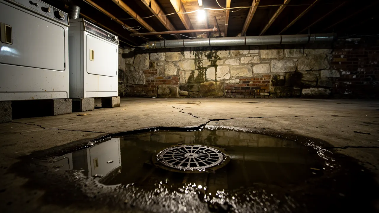 Sewage backup rising from a floor drain in a Chicago basement
