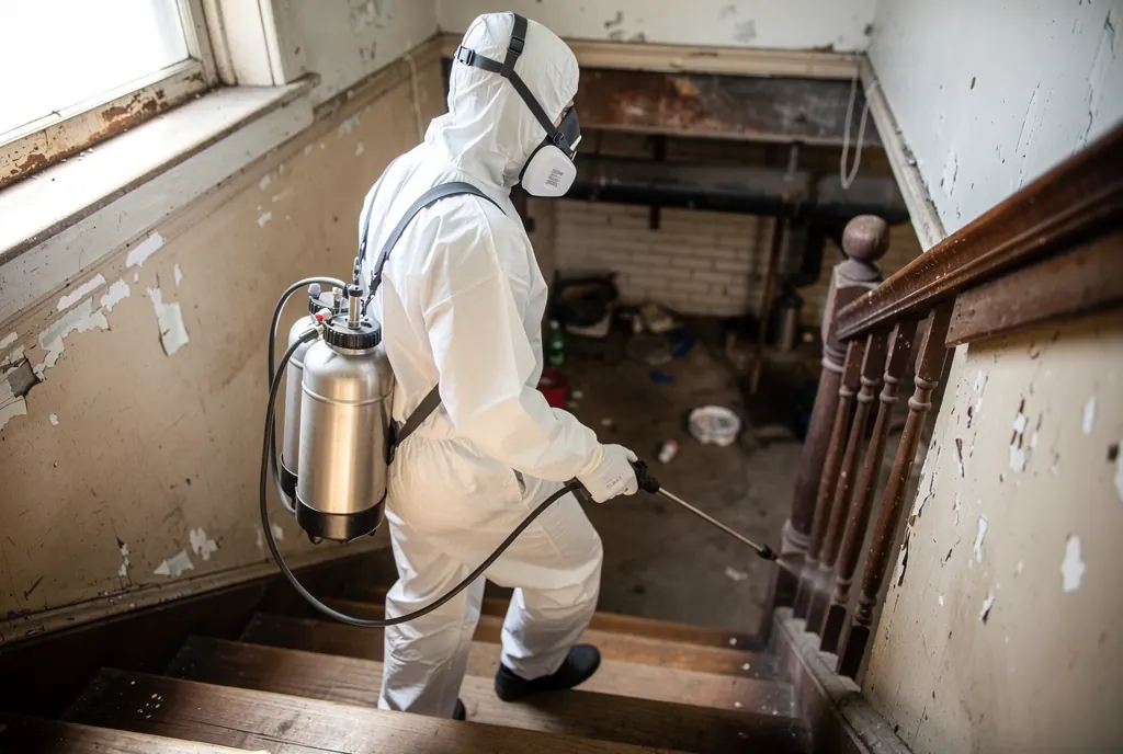 Protective-suited technician disinfecting after sewage backup cleanup in Chicago